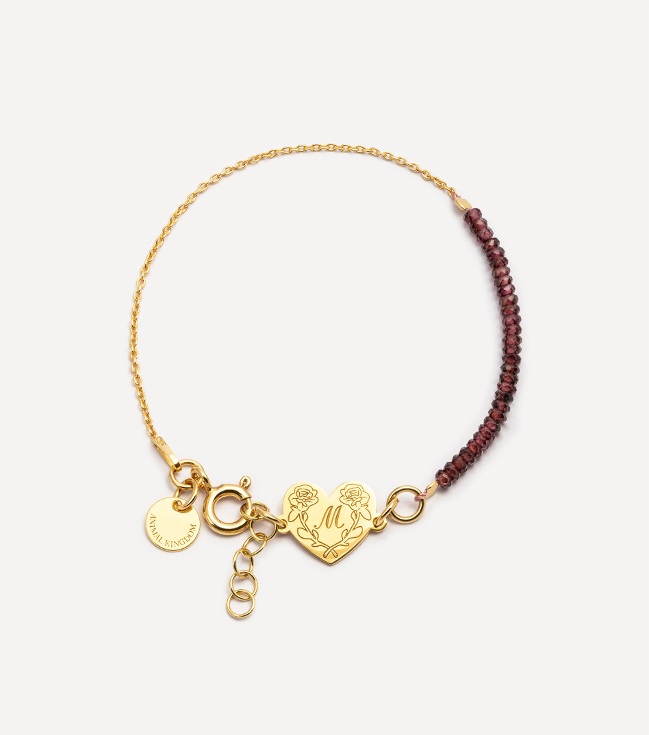 Pozłacana bransoletka z granatami i sercem