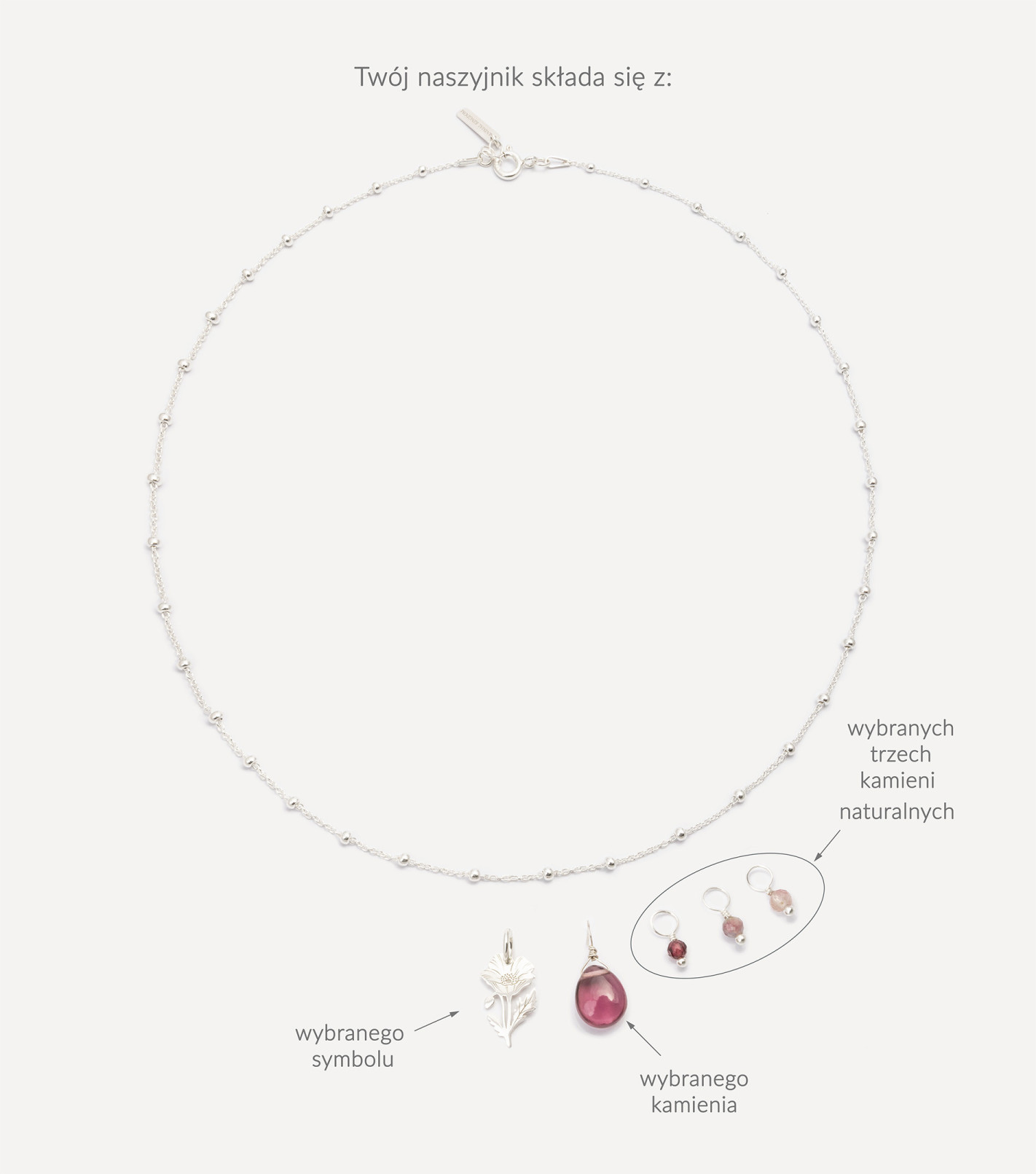 Srebrny naszyjnik z zawieszkami i kamieniami