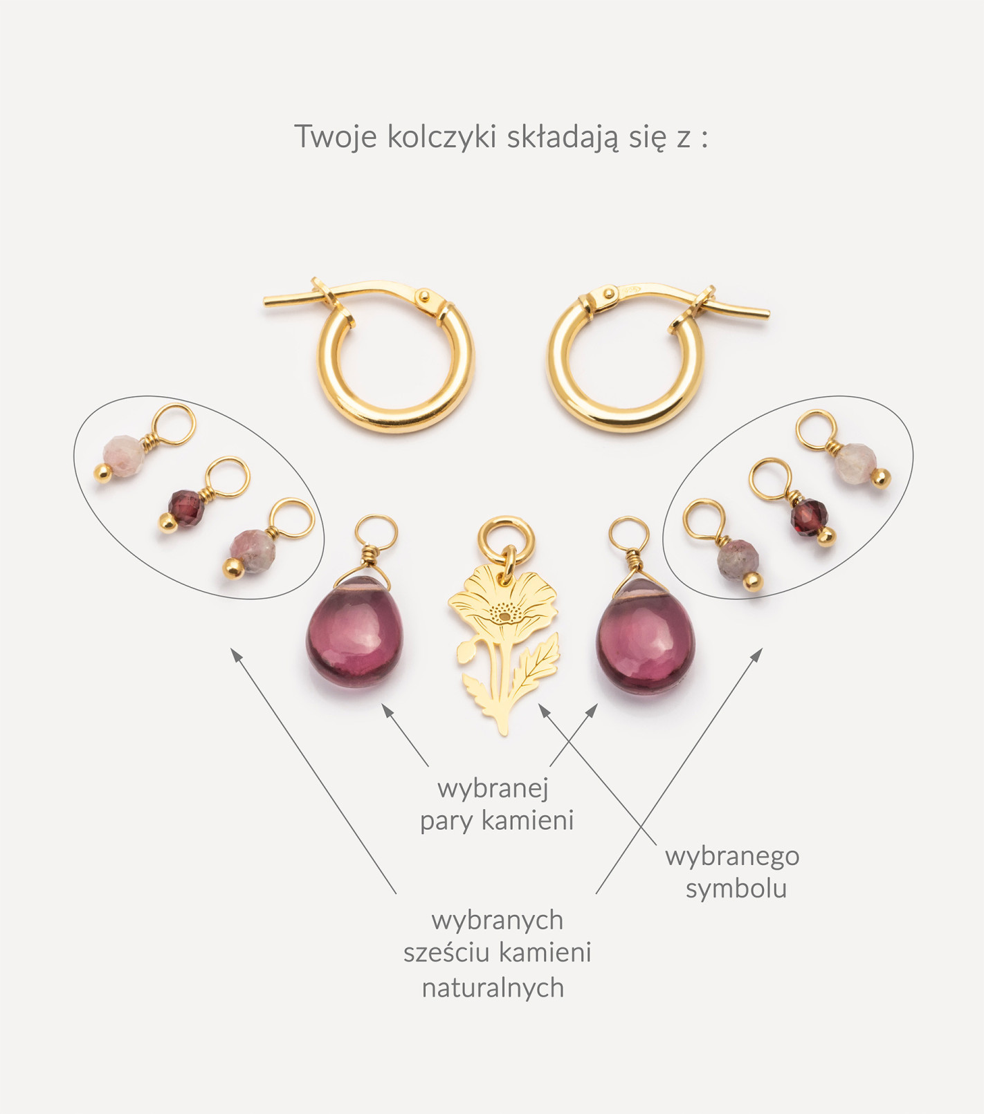 Pozłacane kolczyki koła z zawieszkami i kamieniami