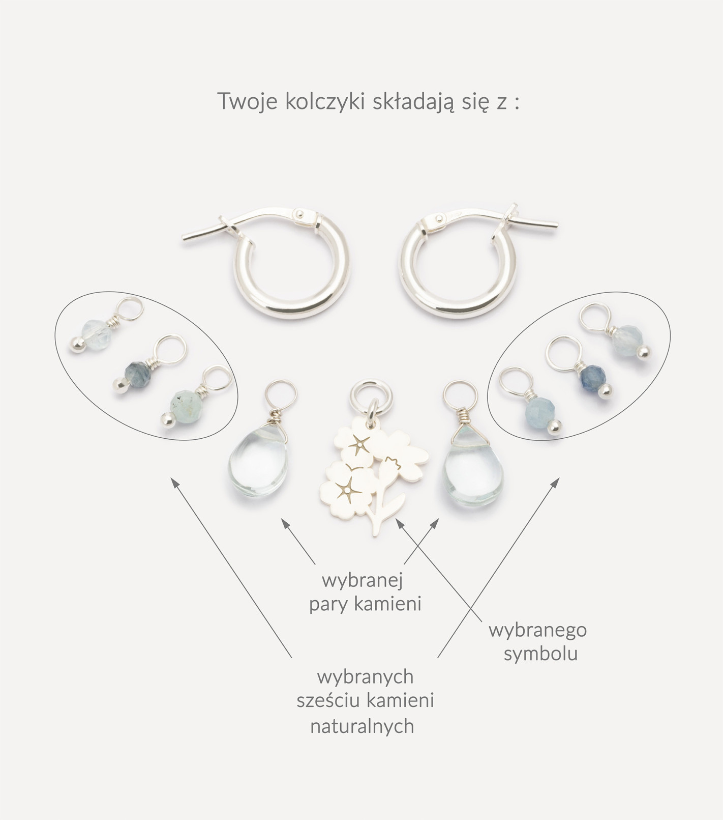 Srebrne kolczyki koła z zawieszkami i kamieniami