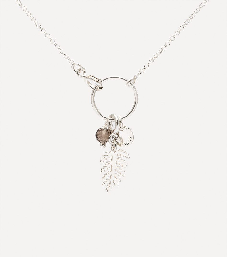 Srebrny łańcuszek z gałązka paproci i kamieniem naturalnym